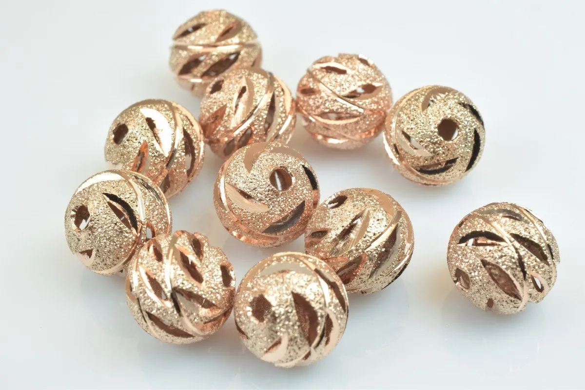 100 PCs Rose Gold Plated Carved Round Beads 6mm/8mm/10mm Diamond Cut For Jewelry Making