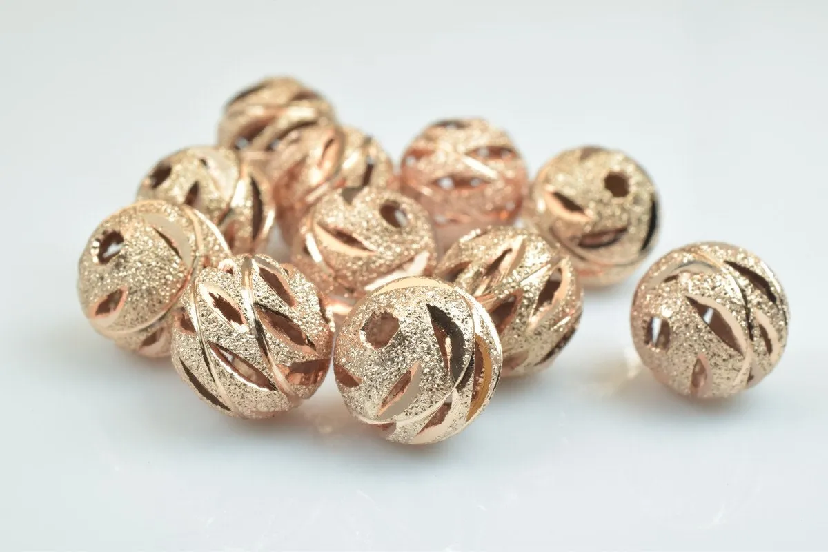 100 PCs Rose Gold Plated Carved Round Beads 6mm/8mm/10mm Diamond Cut For Jewelry Making