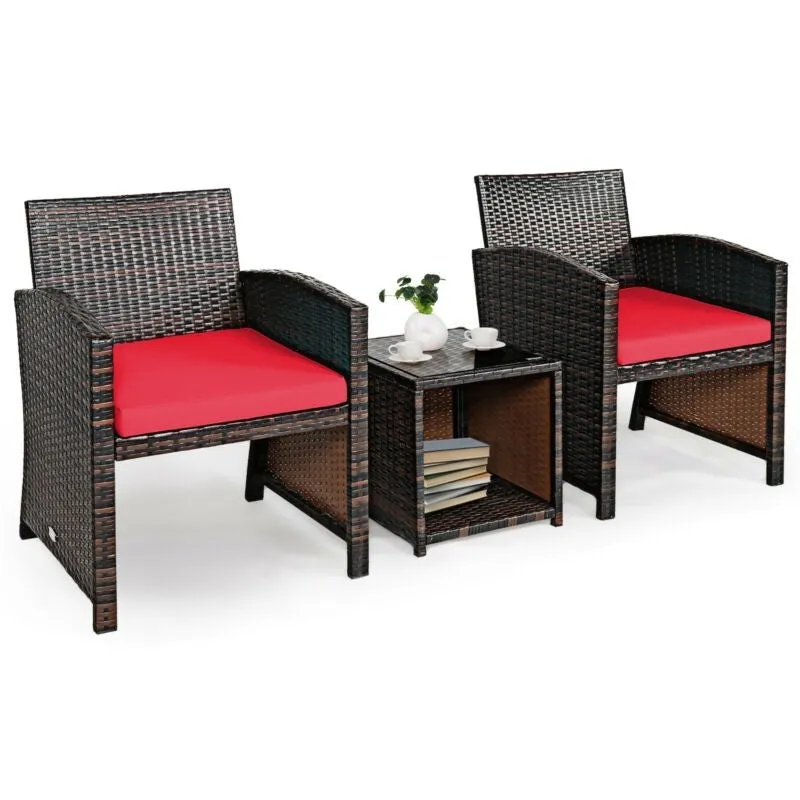 3pc Wicker Rattan Patio Furniture Set with Coffee Table - Red