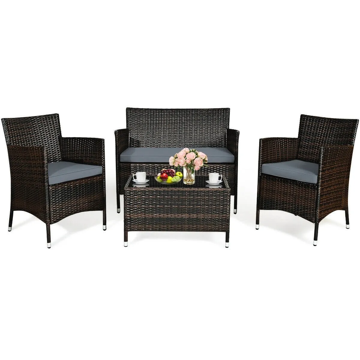 4pc Wicker Rattan Patio Conversation Furniture Set with Glass Table - Grey