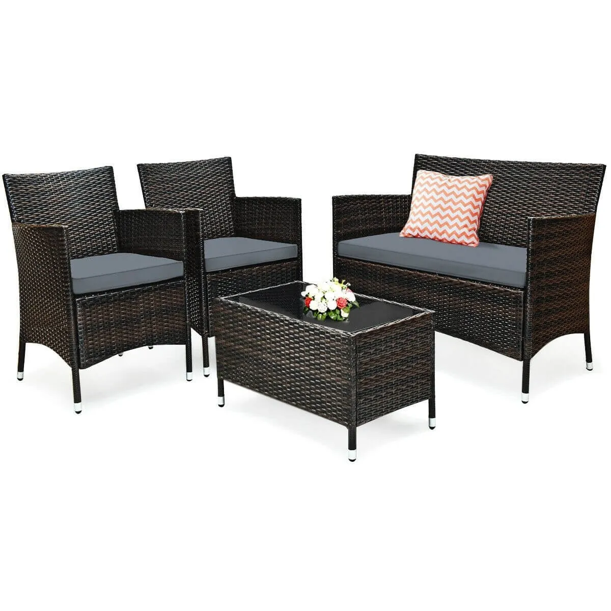 4pc Wicker Rattan Patio Conversation Furniture Set with Glass Table - Grey