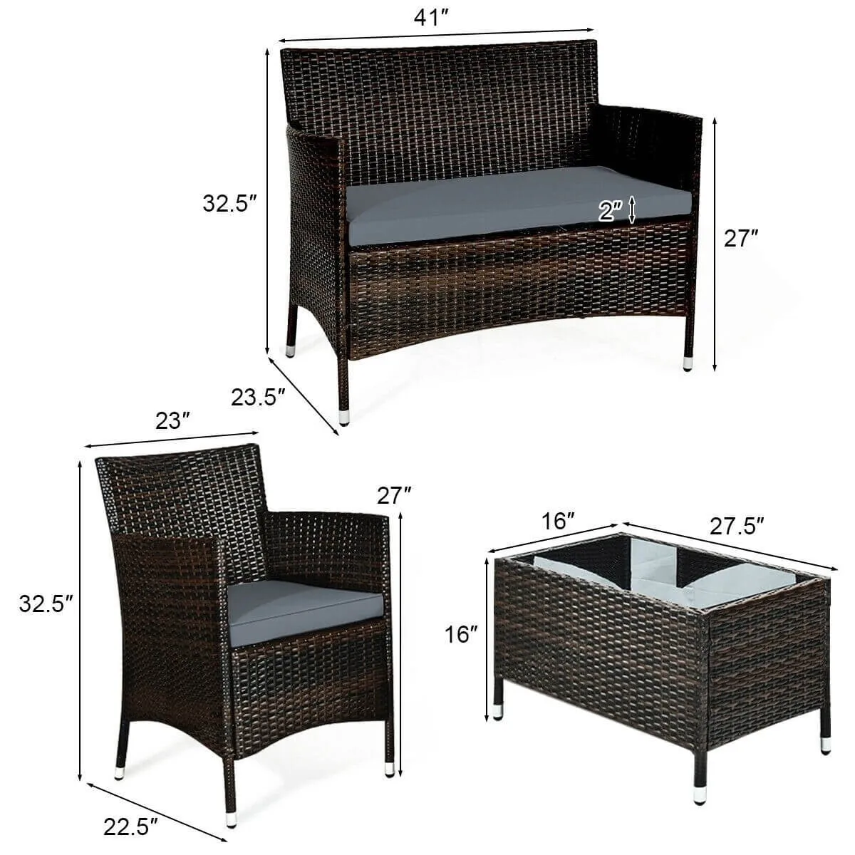 4pc Wicker Rattan Patio Conversation Furniture Set with Glass Table - Grey