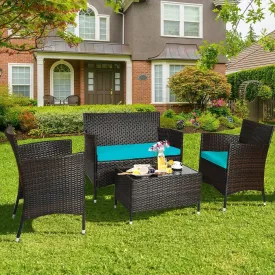 4pc Wicker Rattan Patio Conversation Furniture Set with Glass Table - Turquoise