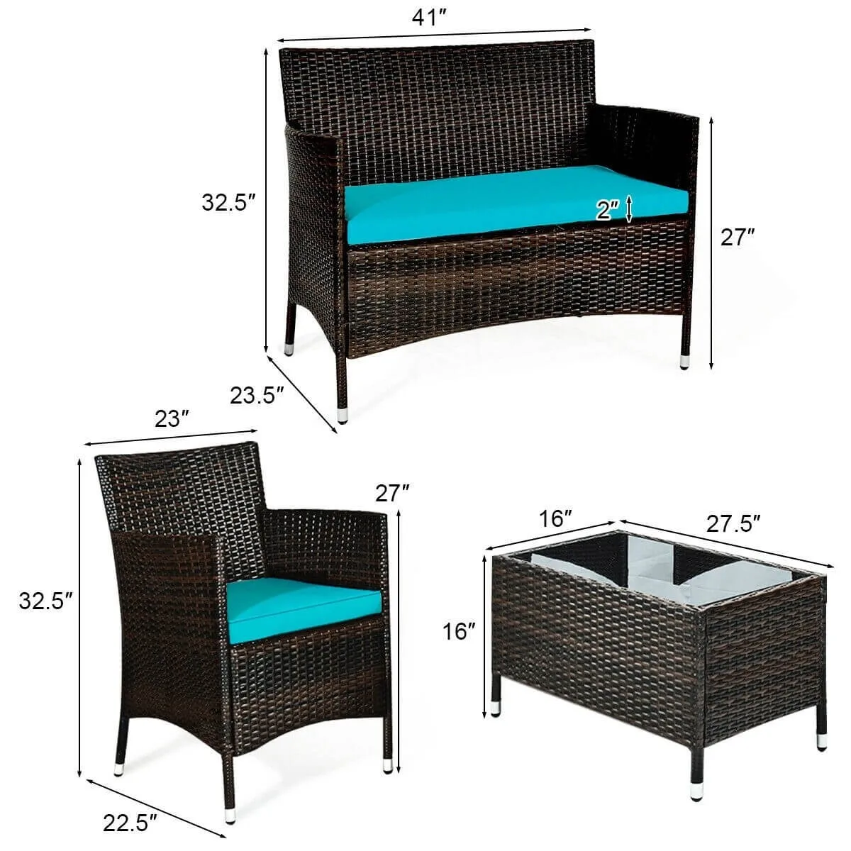 4pc Wicker Rattan Patio Conversation Furniture Set with Glass Table - Turquoise