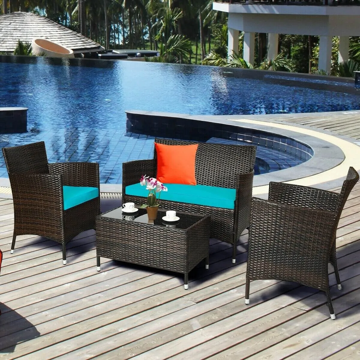 4pc Wicker Rattan Patio Conversation Furniture Set with Glass Table - Turquoise