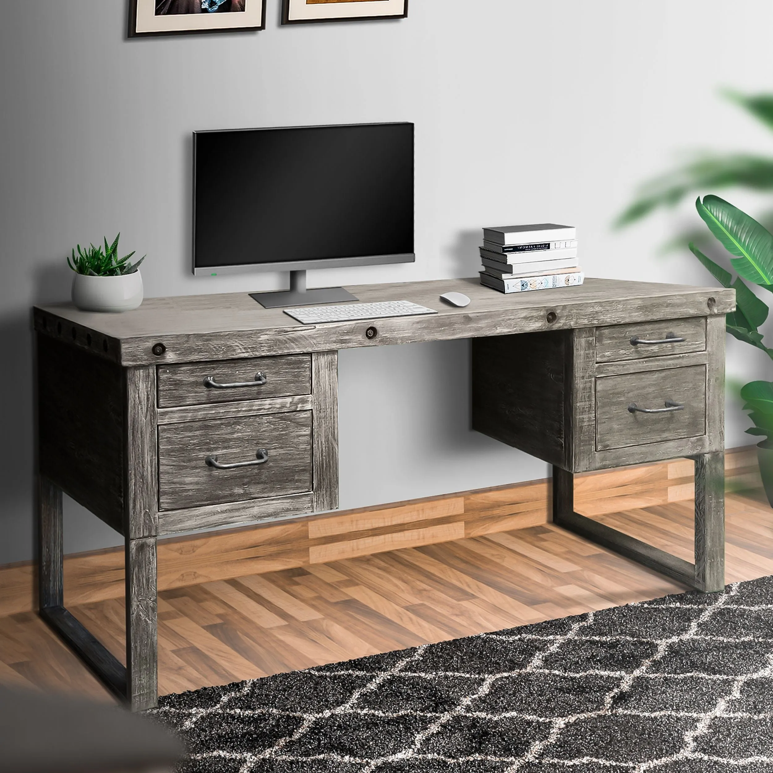 61 Inch Rustic Style Home Office Desk, Brazilian Pine, 4 Drawers, Distressed Gray