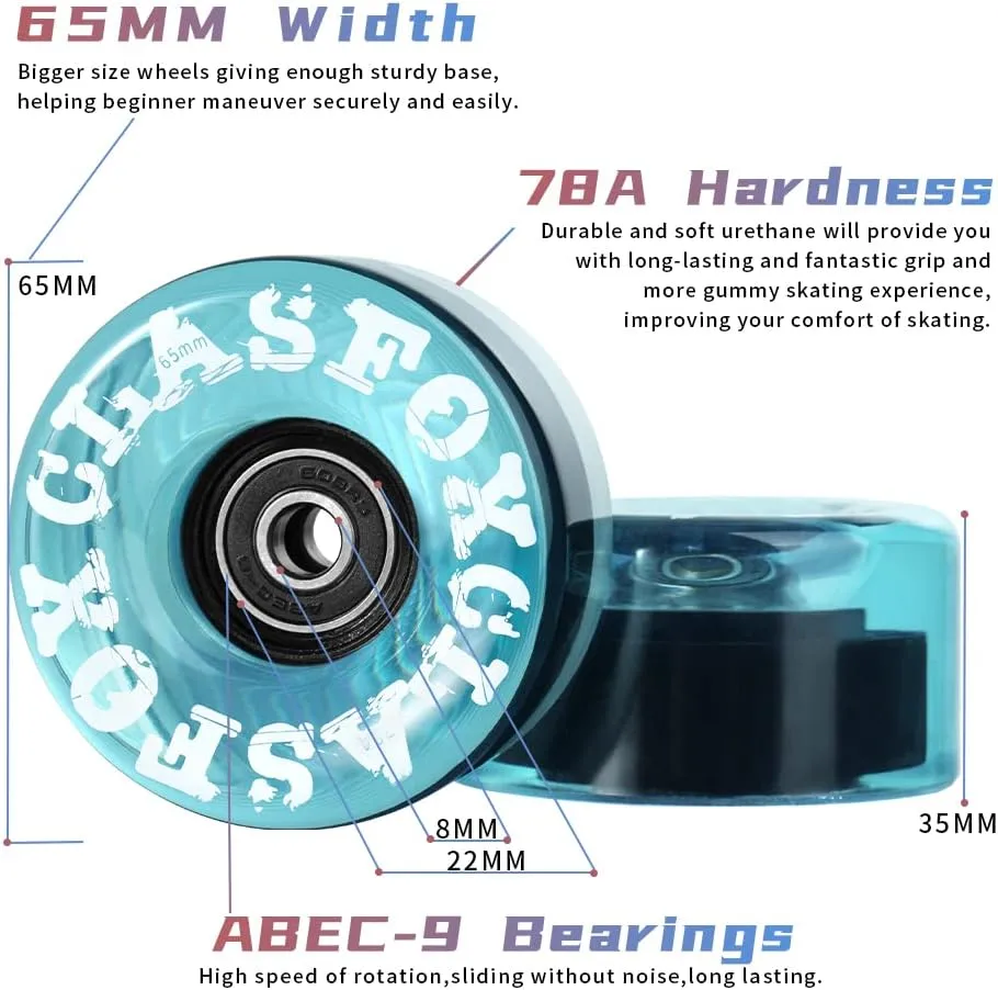 78A Indoor or Outdoor 65x35mm Quad Roller Skate Wheels with ABEC-9 Bearings 8 Pcs
