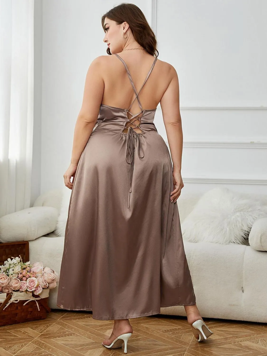 April Rain Plus Size Lace-Up Spaghetti Strap Split Night Dress