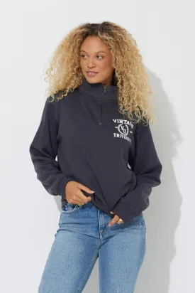 Black "Vintage University" Quarter Pigment Dyed Zip Sweatshirt