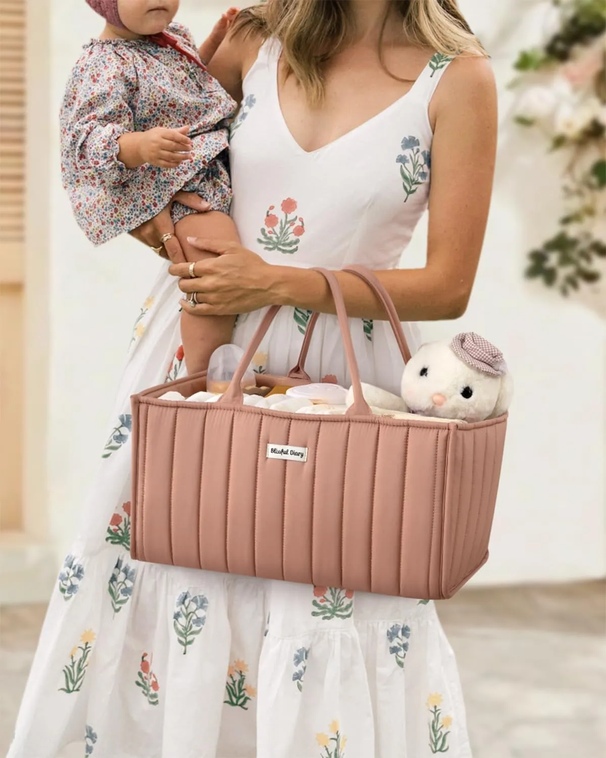 Blissful Diary Baby Diaper Caddy Organizer, Stylish Storage Basket for Newborn Essentials and Diaper Station, Gift for Baby Shower and Registry Must-Have, Blush Pink