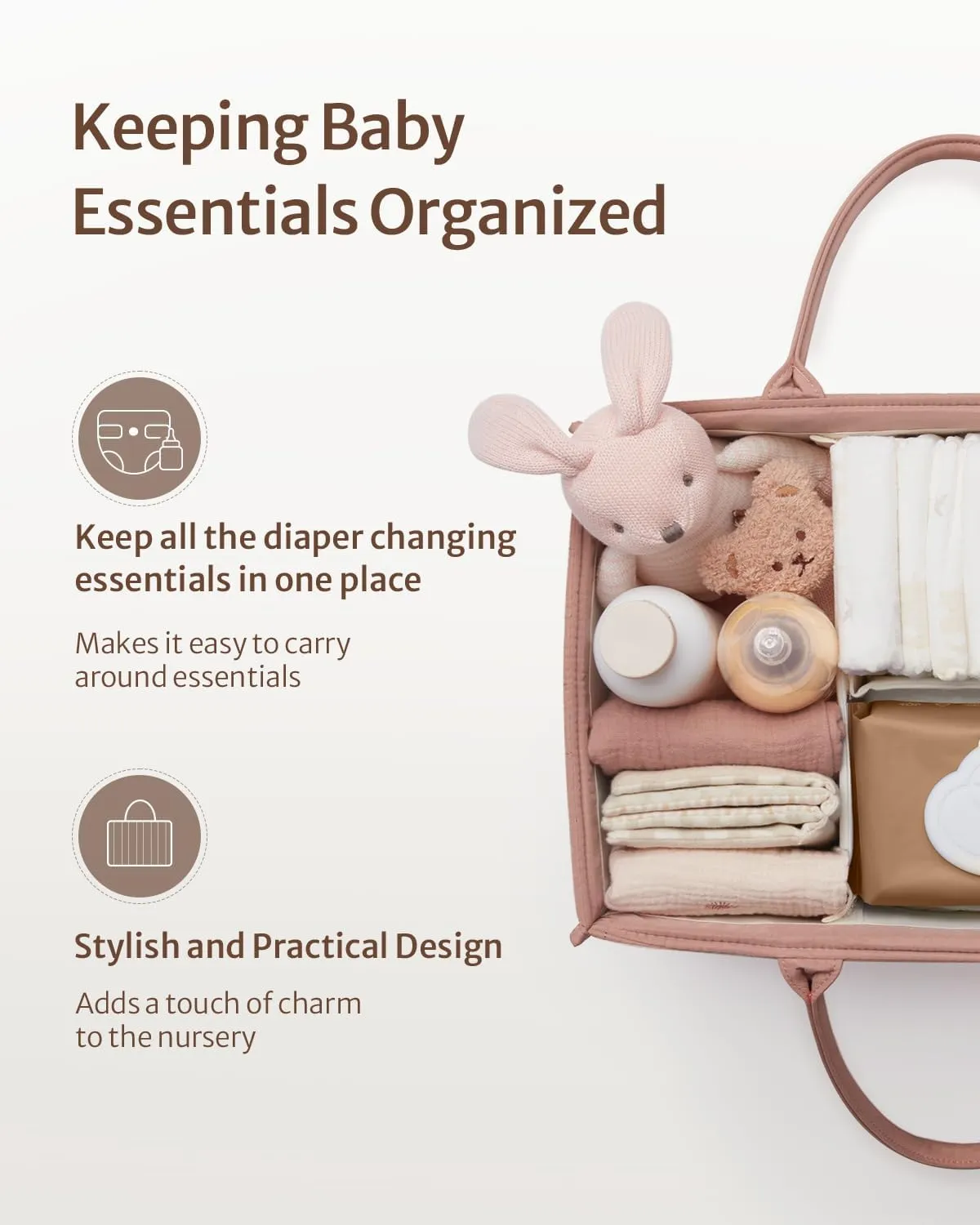 Blissful Diary Baby Diaper Caddy Organizer, Stylish Storage Basket for Newborn Essentials and Diaper Station, Gift for Baby Shower and Registry Must-Have, Blush Pink