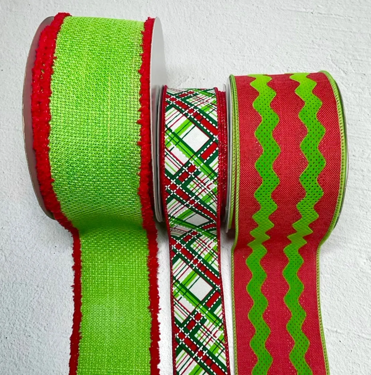 Bow bundle Lime and red plaid x 3 ribbons