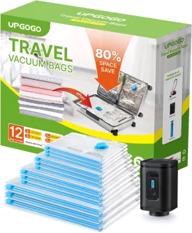 Combo 12 Pack Travel Vacuum Bags with Portable Electric Pump, Space Saver Vacuum Storage Bags for Clothing and Luggage, Travel Essentials