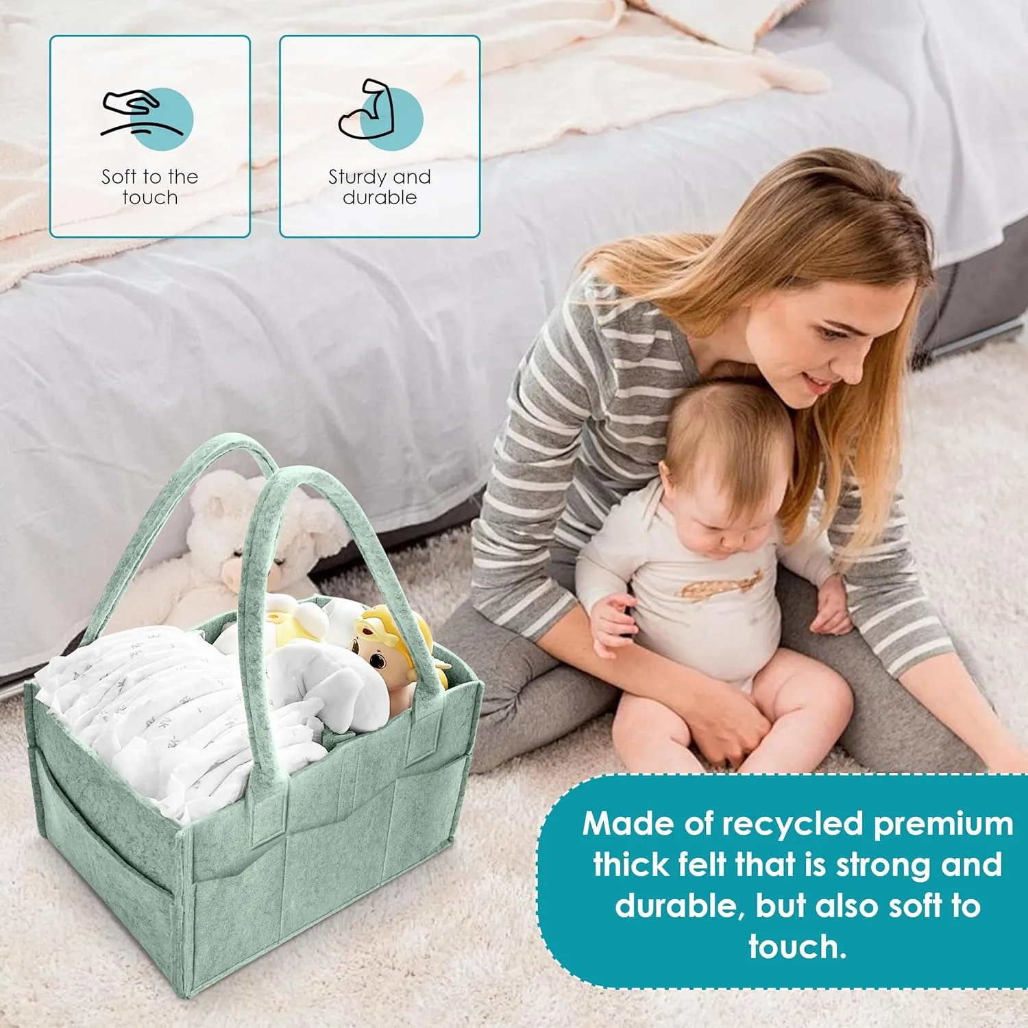 Cute Castle 2 Pack Diaper Caddy Organizer - Portable Baby Caddy Organizer with Handle, Nursery Storage Bin and Car Organizer for Girls, Boys - Baby Gift Basket - Green