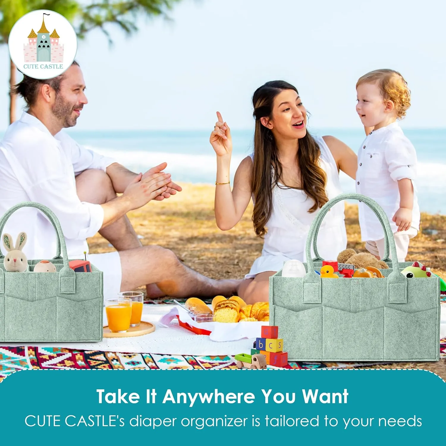 Cute Castle 2 Pack Diaper Caddy Organizer - Portable Baby Caddy Organizer with Handle, Nursery Storage Bin and Car Organizer for Girls, Boys - Baby Gift Basket - Green