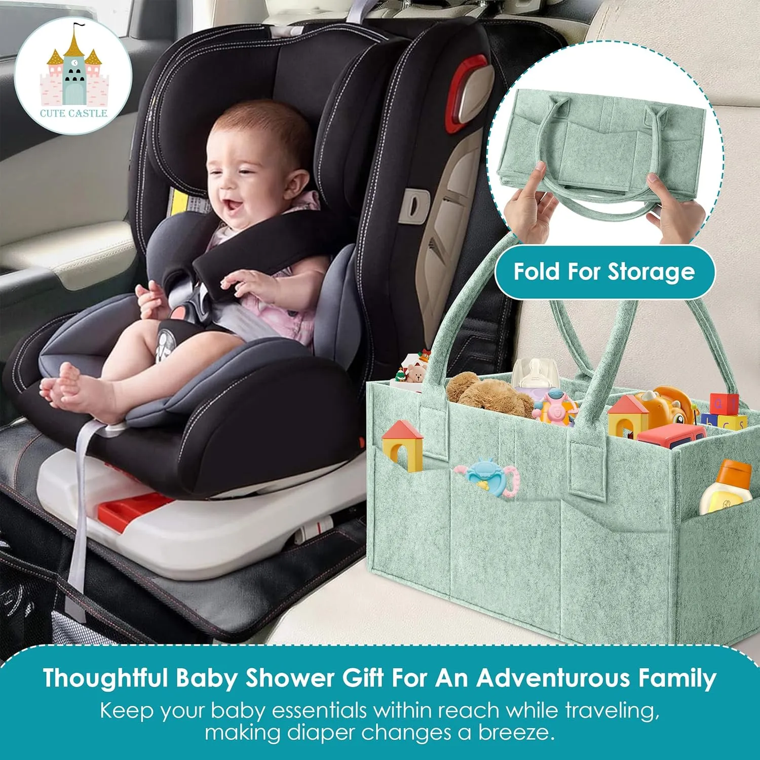 Cute Castle 2 Pack Diaper Caddy Organizer - Portable Baby Caddy Organizer with Handle, Nursery Storage Bin and Car Organizer for Girls, Boys - Baby Gift Basket - Green