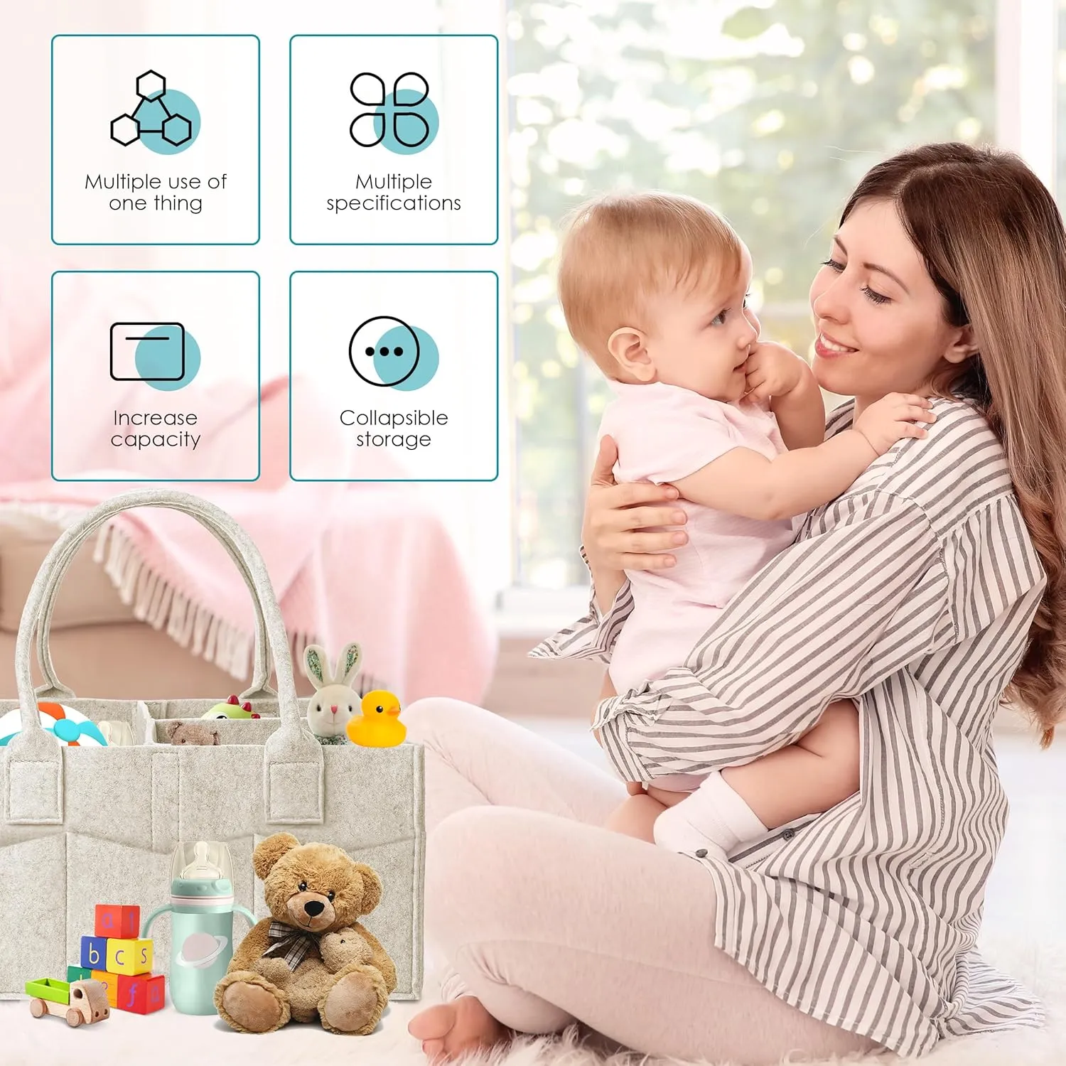 Cute Castle 2 Pack Diaper Caddy Organizer - Portable Baby Caddy Organizer with Handle, Nursery Storage Bin and Car Organizer for Girls, Boys - Baby Gift Basket - Oatmeal