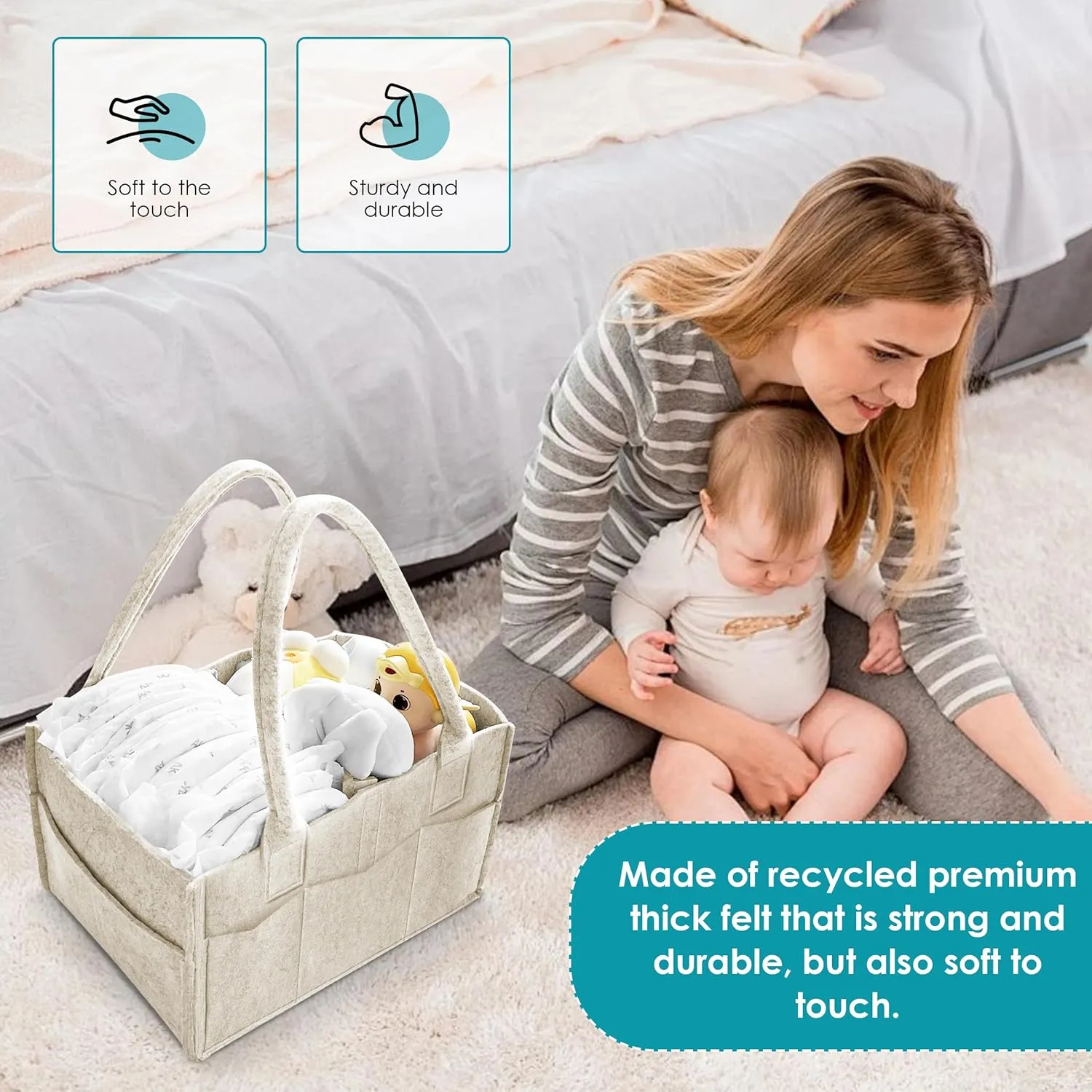 Cute Castle 2 Pack Diaper Caddy Organizer - Portable Baby Caddy Organizer with Handle, Nursery Storage Bin and Car Organizer for Girls, Boys - Baby Gift Basket - Oatmeal