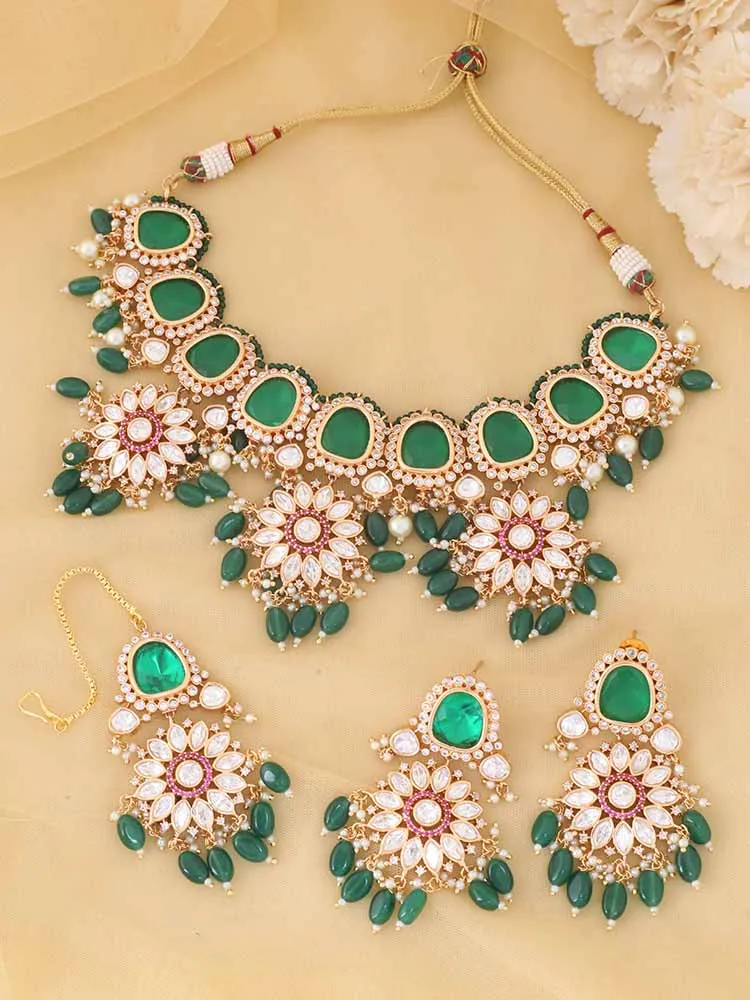 Emerald  Pranali Kundan Jewellery Set