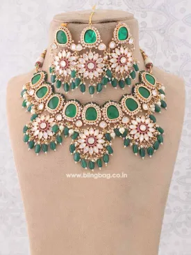 Emerald  Pranali Kundan Jewellery Set