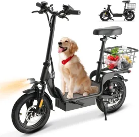 Fastaque Electric Scooter with Seat, 550W Peak Motor E-Scooter Adults, Foldable Scooters for Commute Up to 25 Miles Range, 14 Pneumatic Tire for Outdoor, Dual Disc Brake System