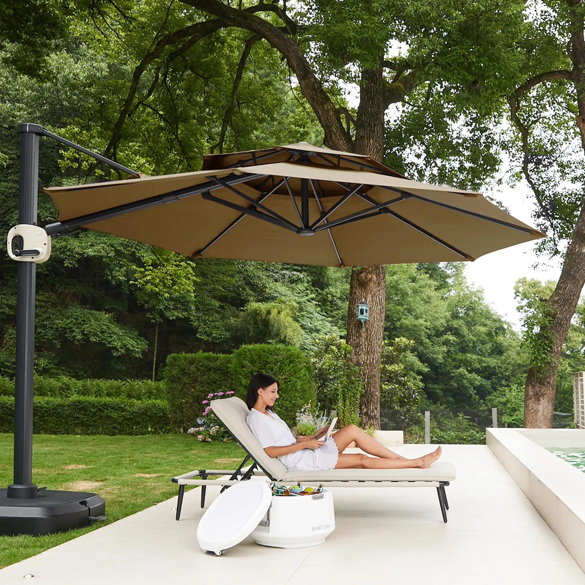 Flame&Shade 11 ft Double Roof Round Offset Cantilever Patio Umbrella