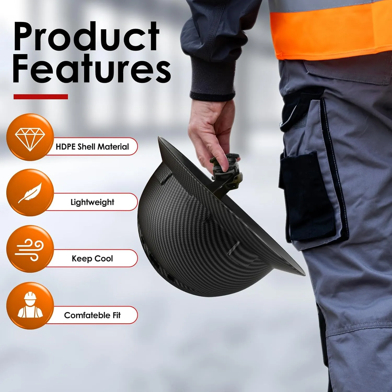 HDPE Full Brim Hard Hat, Construction Safety Helmet with Vented Holes, 6 Point Adjustable Ratchet Suspension, Meets ANSI/ISEA Z89.1, Water Transfer Printing