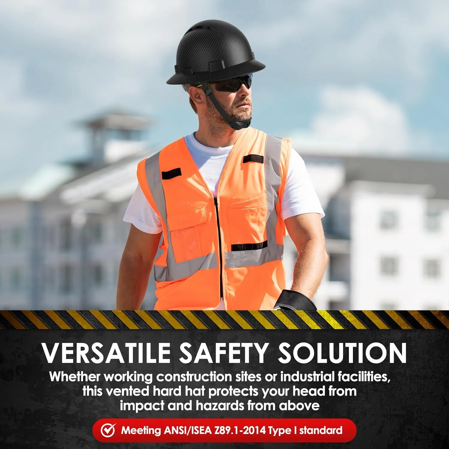 HDPE Full Brim Hard Hat, Construction Safety Helmet with Vented Holes, 6 Point Adjustable Ratchet Suspension, Meets ANSI/ISEA Z89.1, Water Transfer Printing