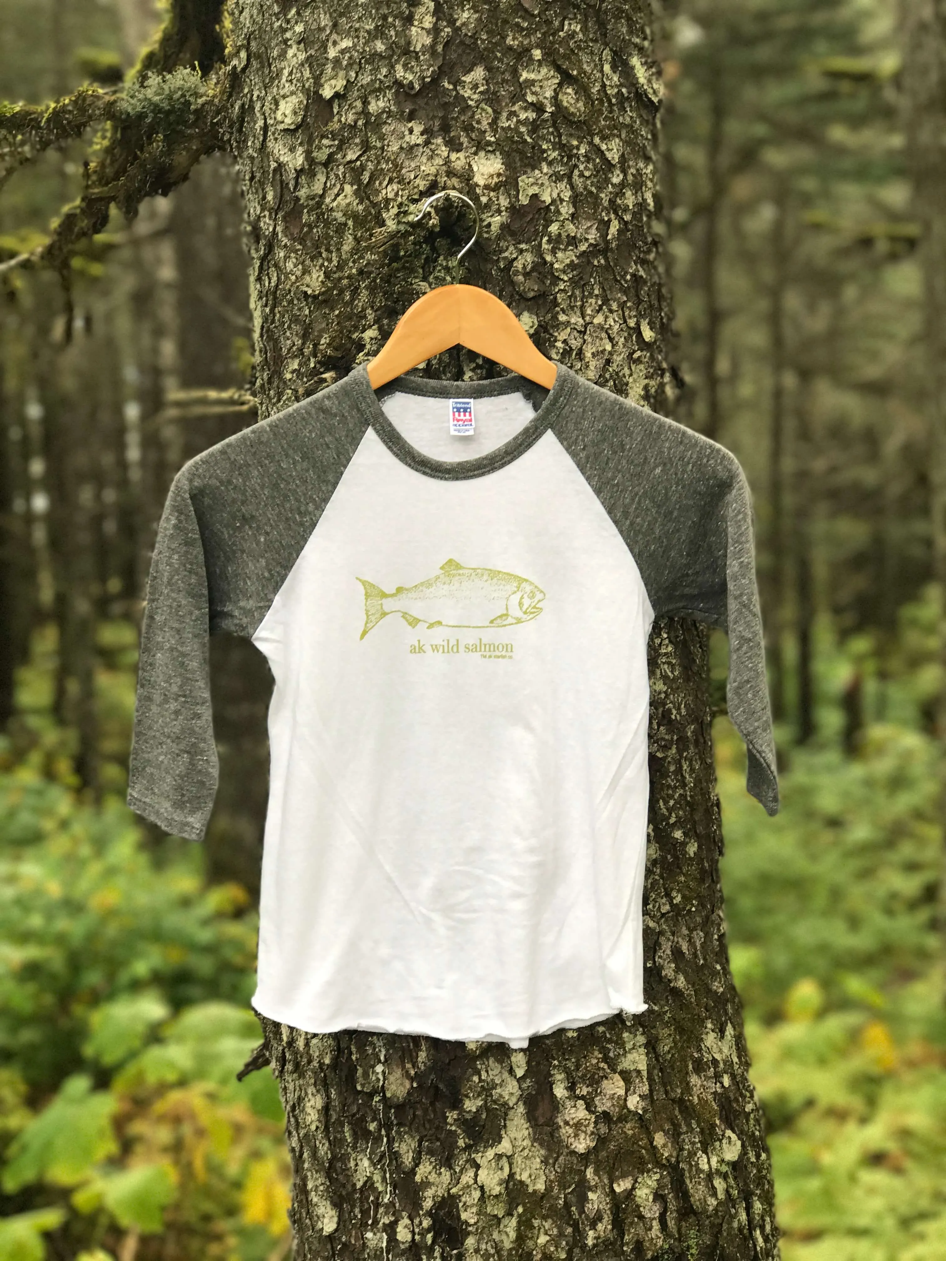 Heather Gray with Moss AK Wild Salmon Children's Baseball Tee $35.00