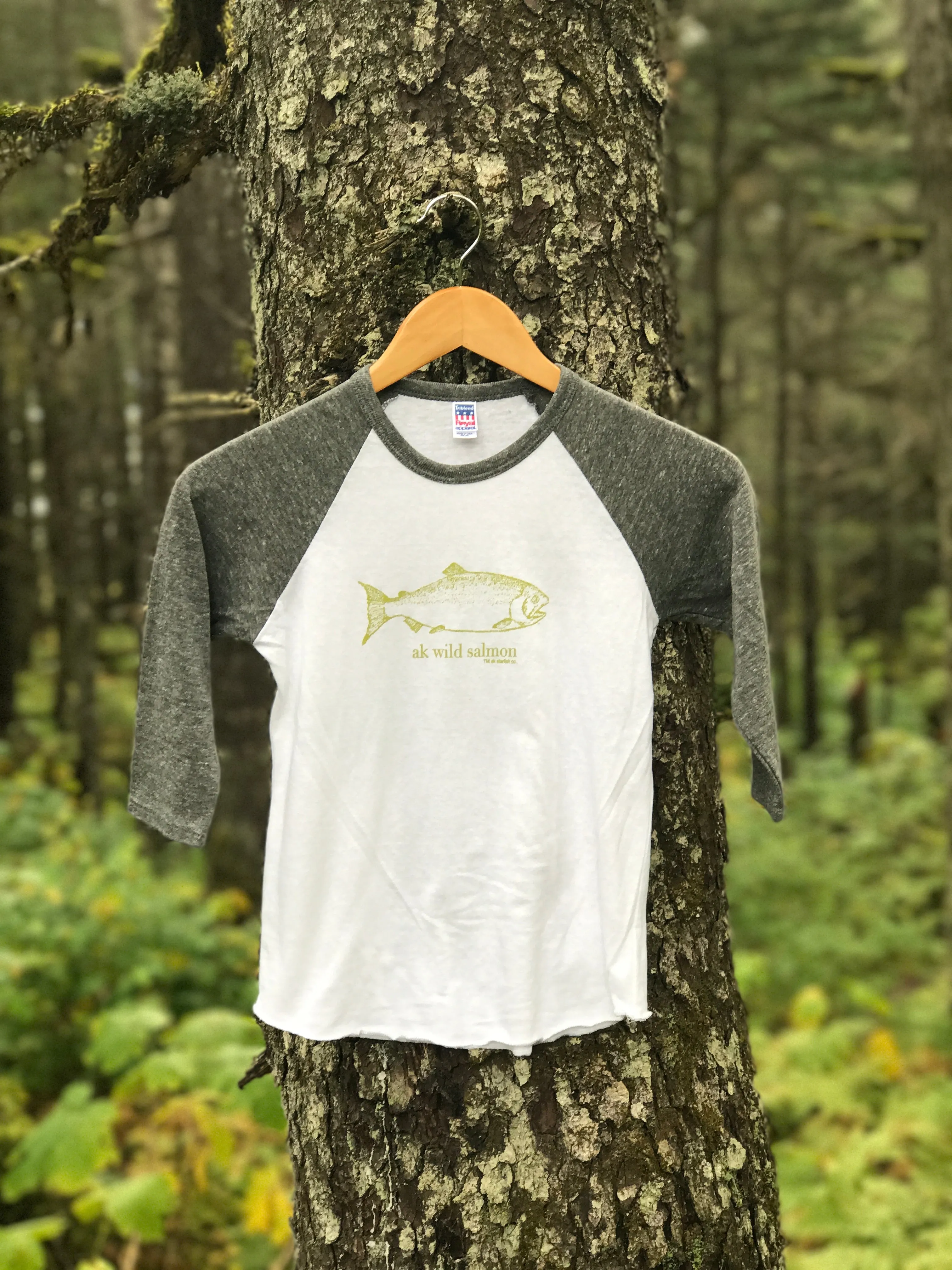Heather Gray with Moss AK Wild Salmon Children's Baseball Tee $35.00