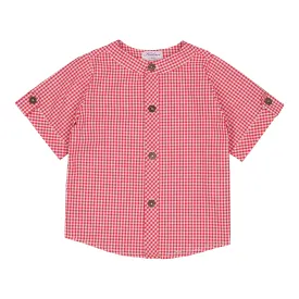 Maxence Boy Shirt with Mandarin Collar and Short Sleeves in Little Red Gingham