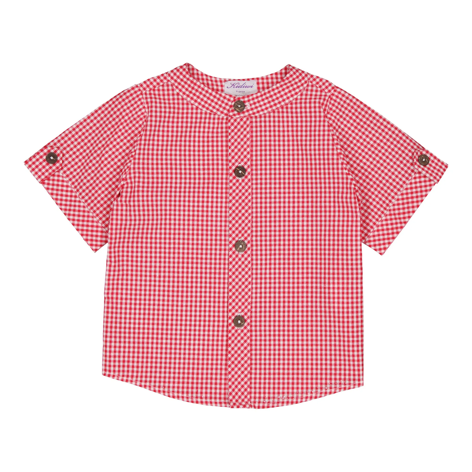 Maxence Boy Shirt with Mandarin Collar and Short Sleeves in Little Red Gingham