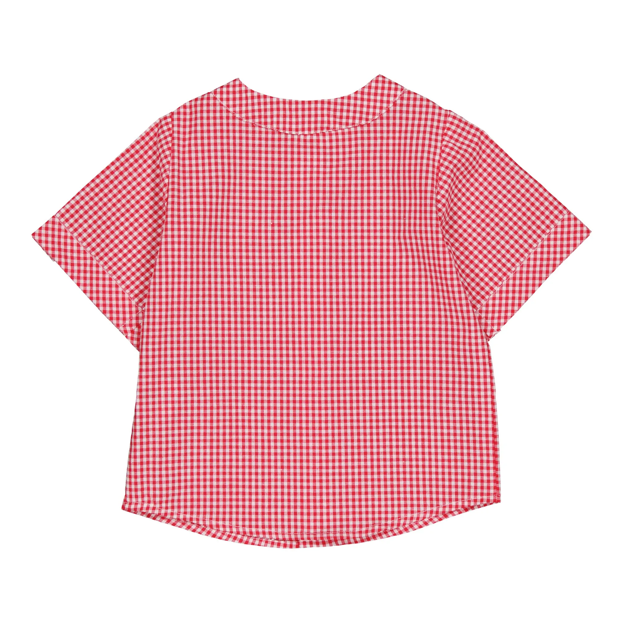 Maxence Boy Shirt with Mandarin Collar and Short Sleeves in Little Red Gingham