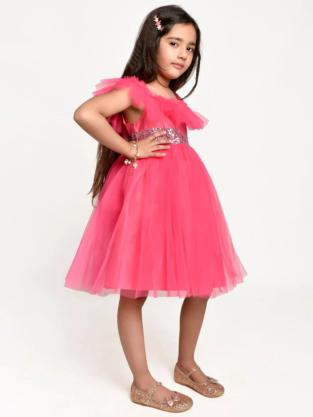 Neon Pink sequance  embelished Net Partywear Dress