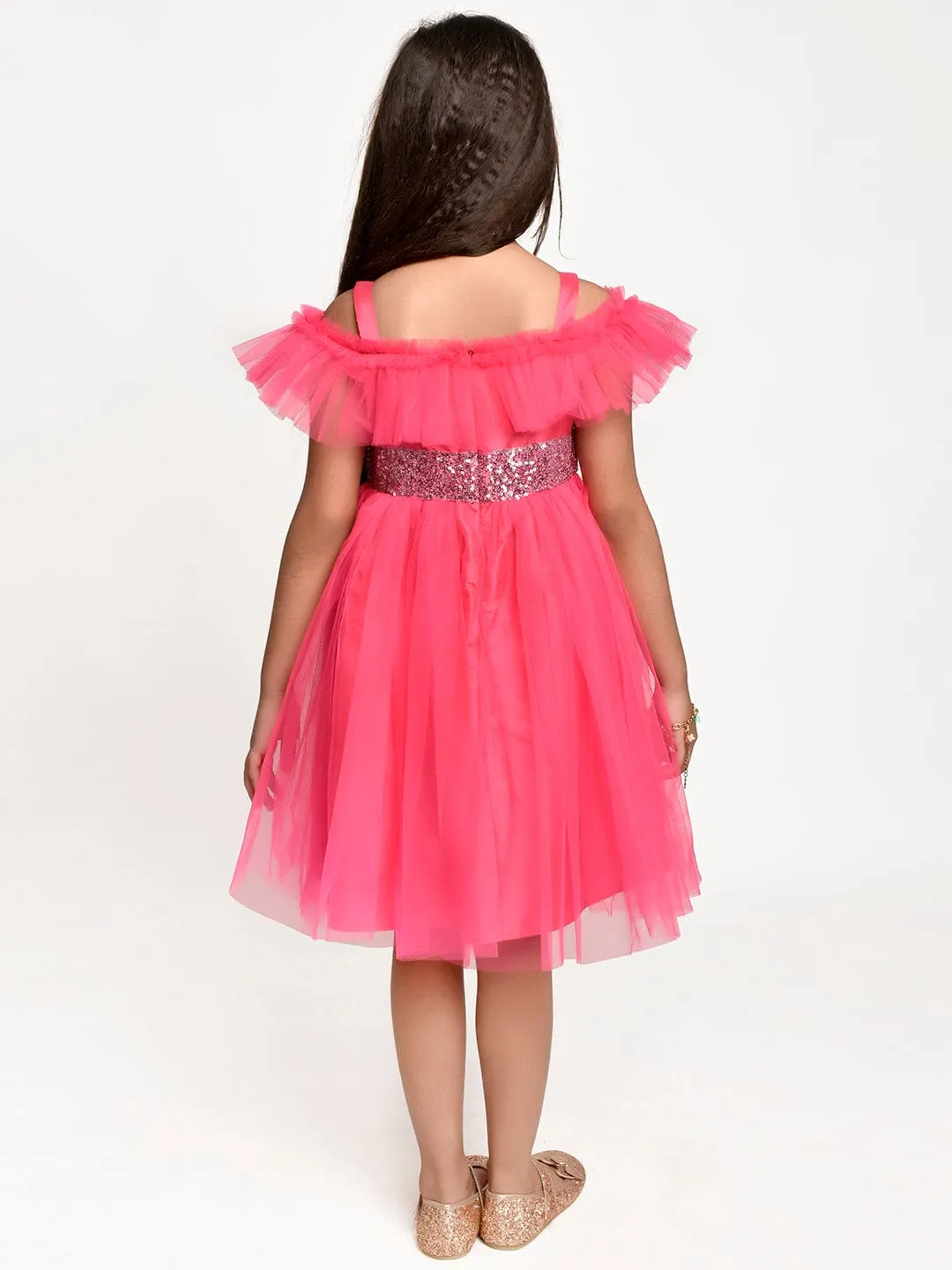 Neon Pink sequance  embelished Net Partywear Dress