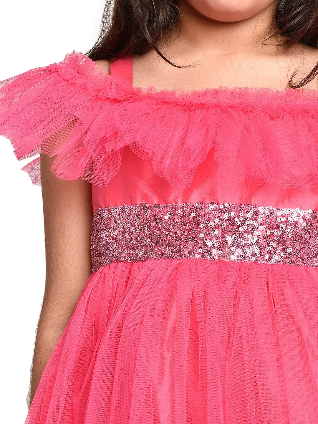 Neon Pink sequance  embelished Net Partywear Dress