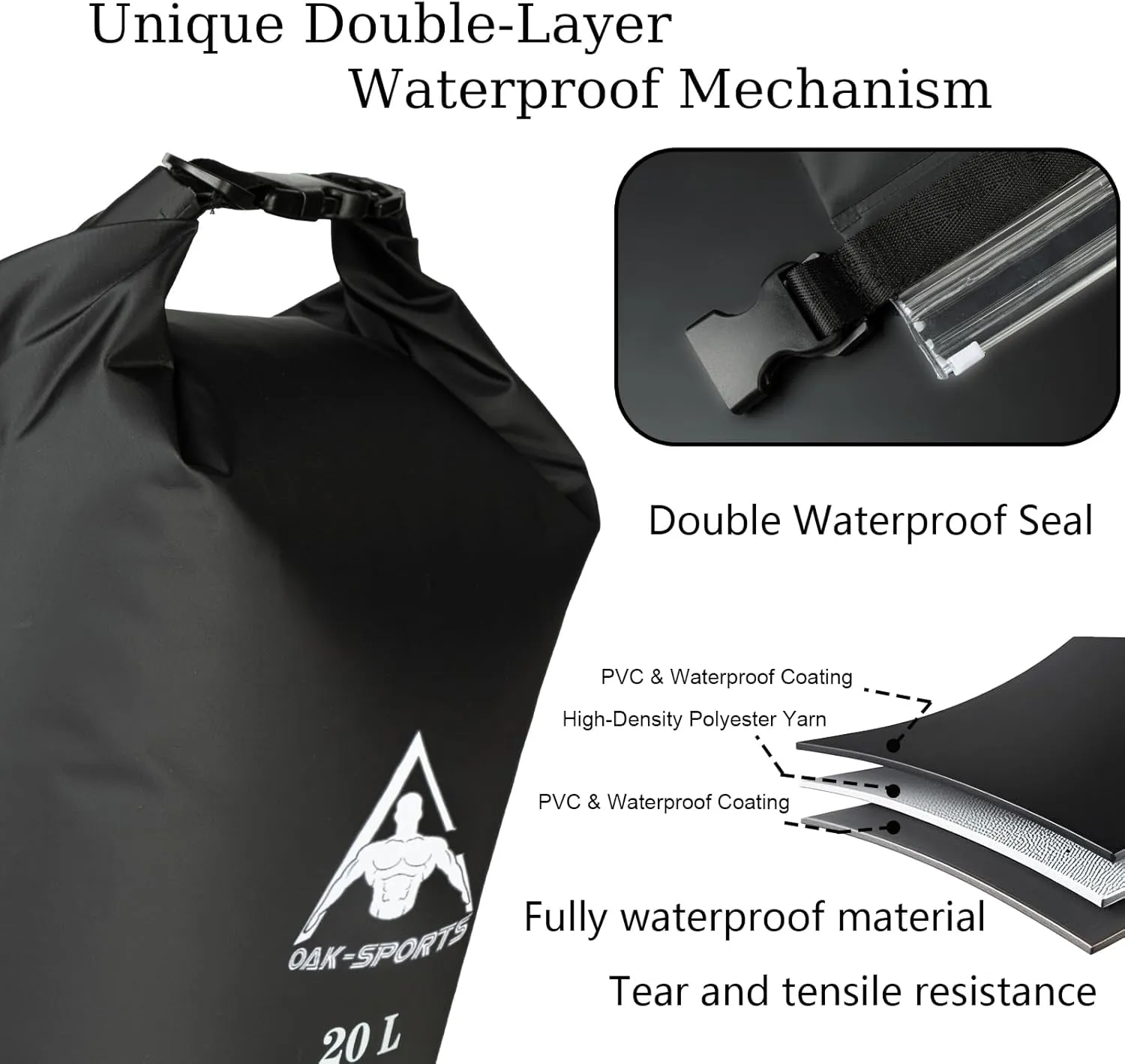 Oak-Sports Dry Bag Waterproof Backpack 5L/10L/20L, Roll Top Lightweight Beach Bag with Double Zipper Seal for Swimming, Kayaking, Hiking, Boating, Adjustable Shoulder Strap