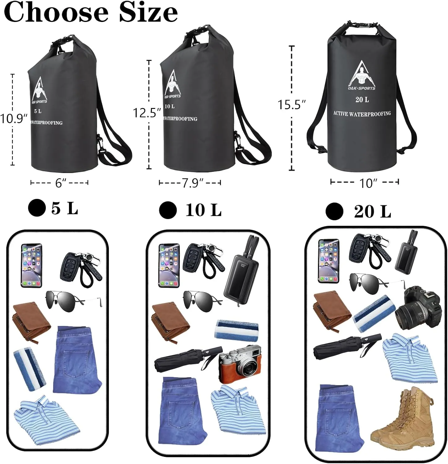 Oak-Sports Dry Bag Waterproof Backpack 5L/10L/20L, Roll Top Lightweight Beach Bag with Double Zipper Seal for Swimming, Kayaking, Hiking, Boating, Adjustable Shoulder Strap
