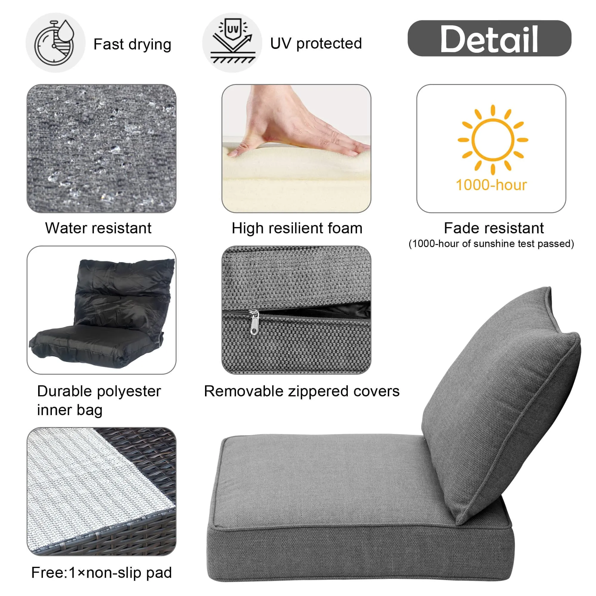 Ovios Replacement Seat Back Cushions Set with Olefin Fabric and Zipper, 24'' x 24'', Not Suitable for Ovios Patio Furniture