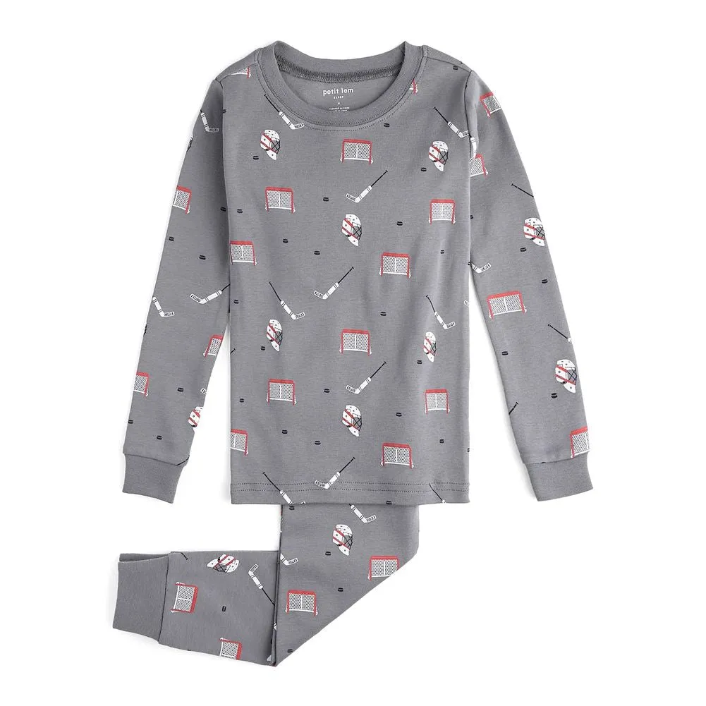 Petit Lem 2-Piece Organic Cotton Ribbed Pajama Set in Hockey Gear Print on Grey