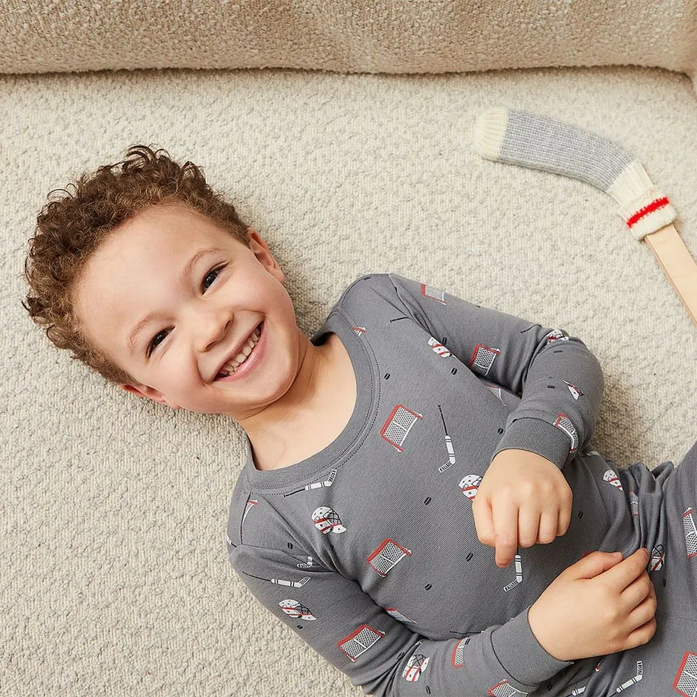 Petit Lem 2-Piece Organic Cotton Ribbed Pajama Set in Hockey Gear Print on Grey