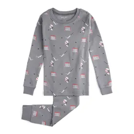 Petit Lem 2-Piece Organic Cotton Ribbed Pajama Set in Hockey Gear Print on Grey
