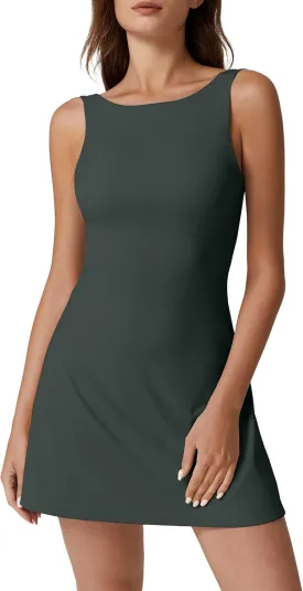 QINSEN Womens Open Back Tennis Dress Sleeveless Built in Shorts Golf Athletic Dress with Pockets