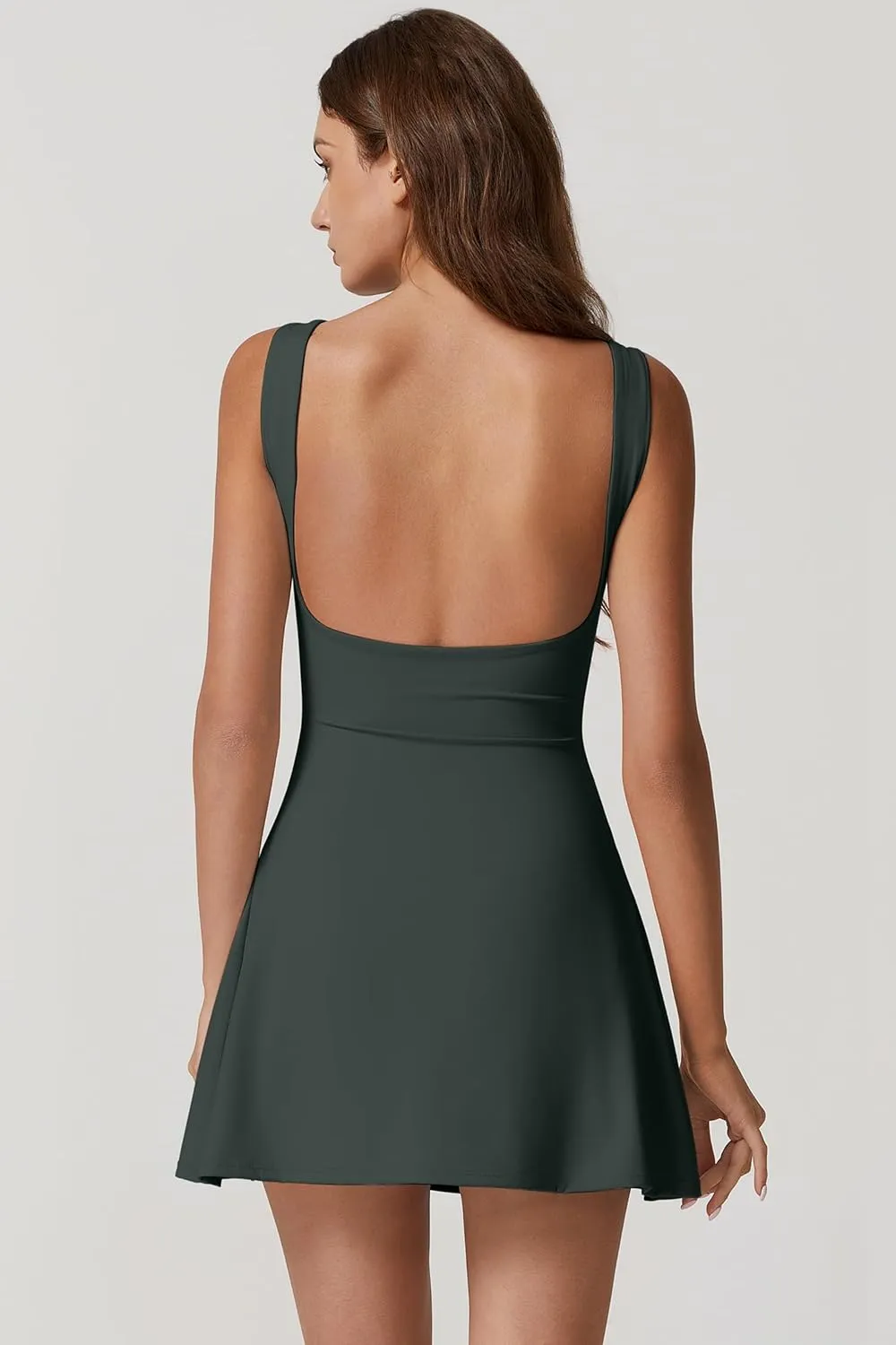 QINSEN Womens Open Back Tennis Dress Sleeveless Built in Shorts Golf Athletic Dress with Pockets