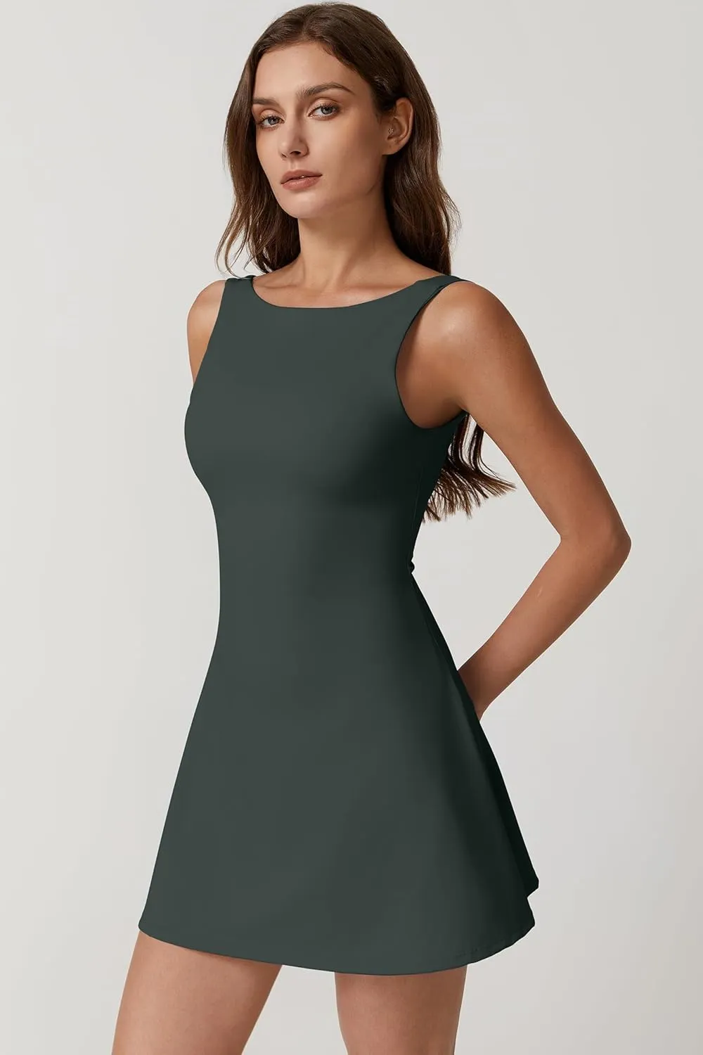 QINSEN Womens Open Back Tennis Dress Sleeveless Built in Shorts Golf Athletic Dress with Pockets