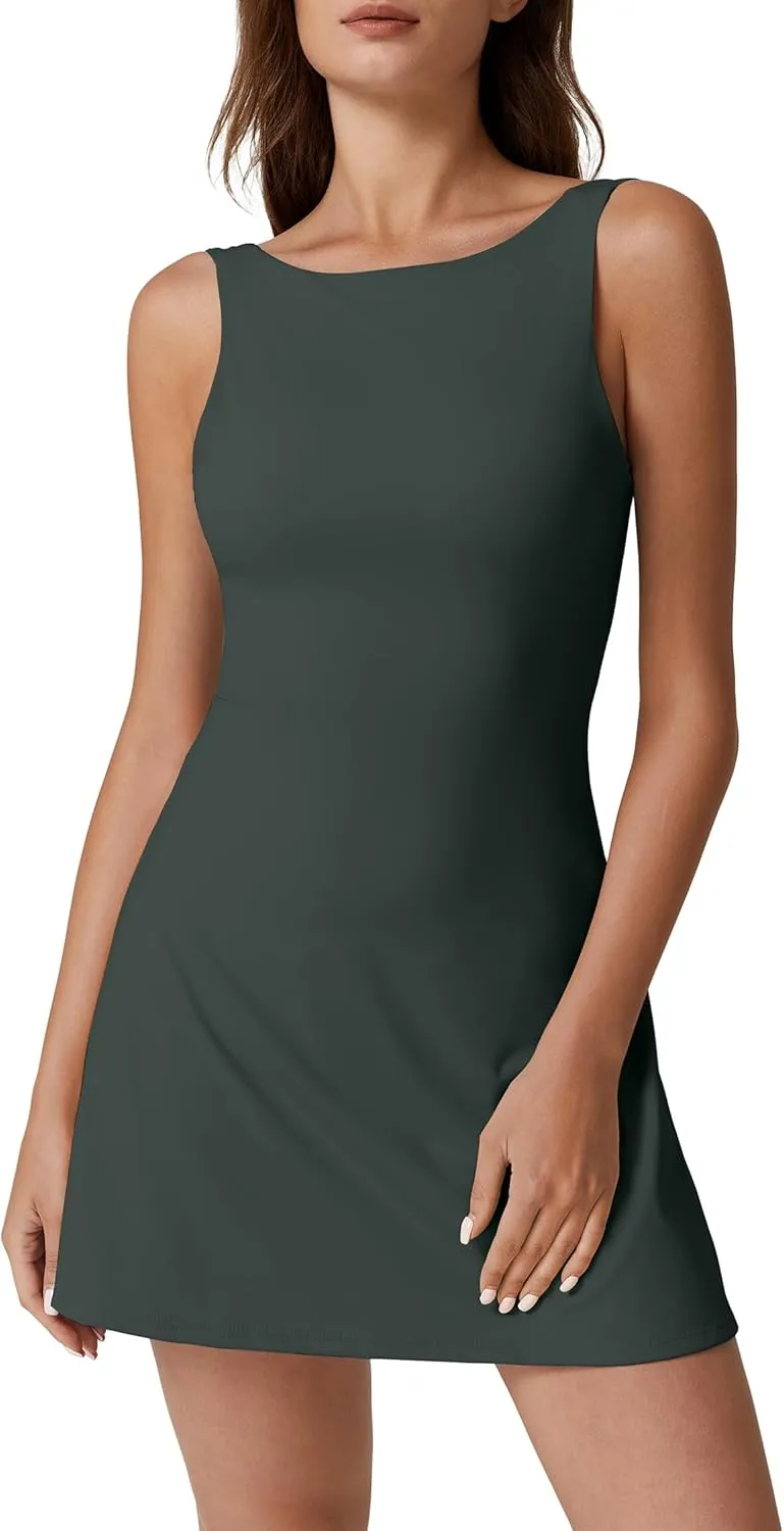 QINSEN Womens Open Back Tennis Dress Sleeveless Built in Shorts Golf Athletic Dress with Pockets