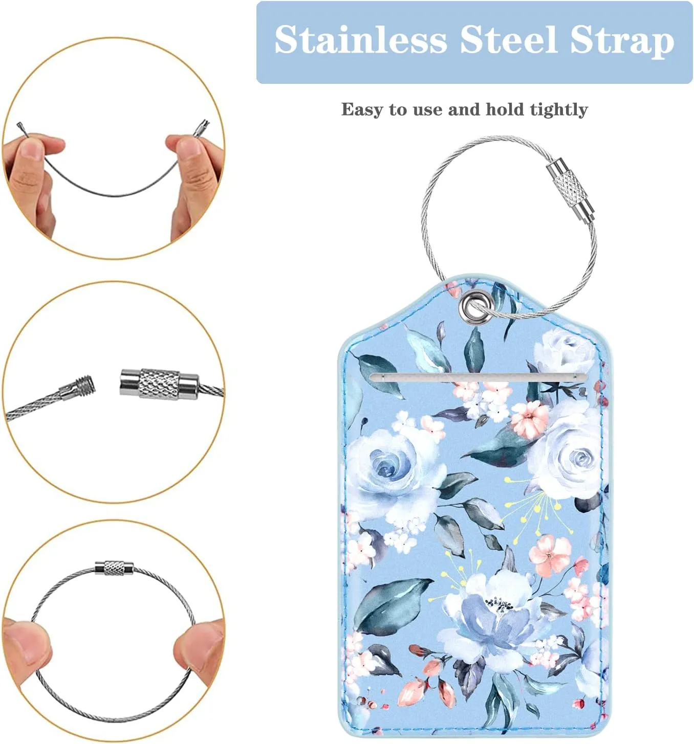 (Set of 2) Luggage Tag Leather Privacy Cover ID Label Address Card with Stainless Steel Loop, Travel Bag Tags Suitcase Labels, Blue Flower