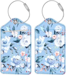 (Set of 2) Luggage Tag Leather Privacy Cover ID Label Address Card with Stainless Steel Loop, Travel Bag Tags Suitcase Labels, Blue Flower