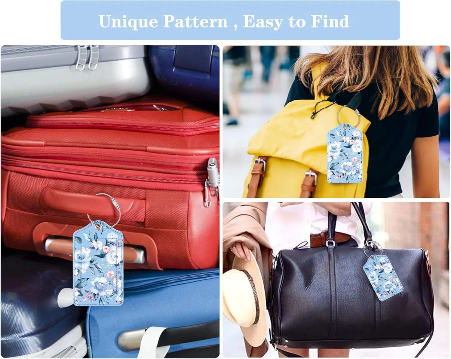(Set of 2) Luggage Tag Leather Privacy Cover ID Label Address Card with Stainless Steel Loop, Travel Bag Tags Suitcase Labels, Blue Flower