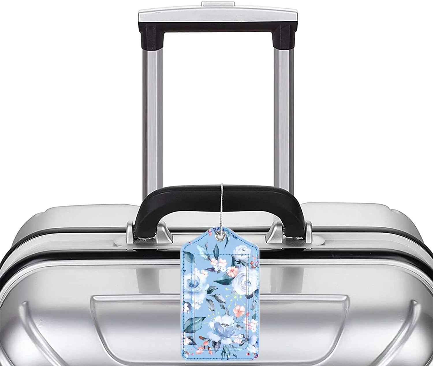 (Set of 2) Luggage Tag Leather Privacy Cover ID Label Address Card with Stainless Steel Loop, Travel Bag Tags Suitcase Labels, Blue Flower
